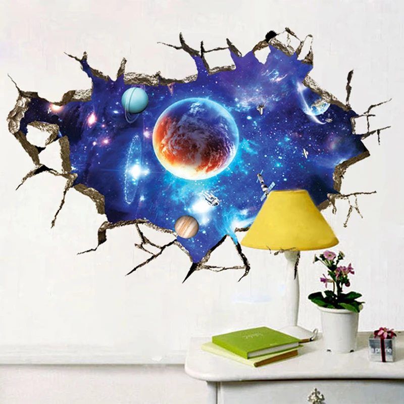 ONNPNNQ Removable Creative 3D Simulation Scenery Outer space Planet Wall Stickers Living Room Background Mural Decal decoration3