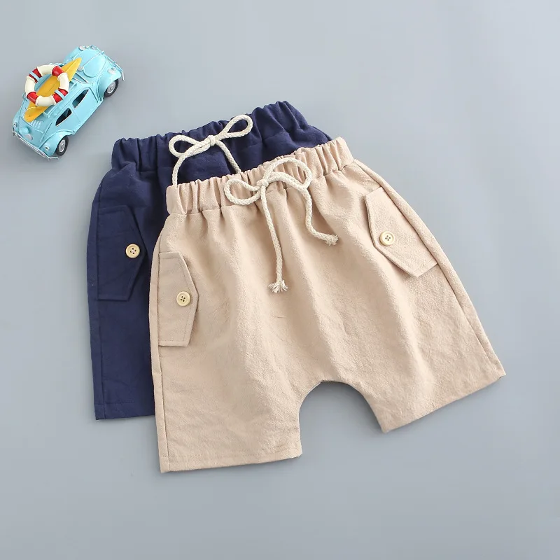 

SQBCMW 2019 Solid Kids linen Trousers Children harem Pants for baby boys summer beach loose shorts 100~140 factory direct button