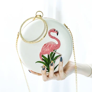 

Casual Bird Embroidery Circular Diamonds Fashion Girls Evening Party Clutch Minaudiere Mini Shoulder Handbag White Wedding Purse