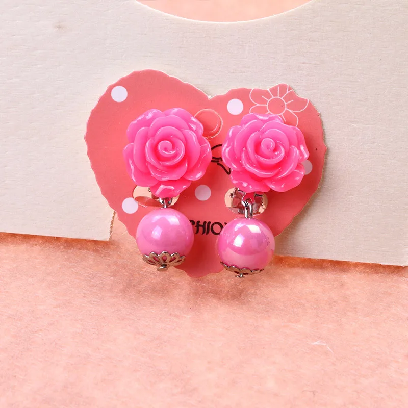 Cute Child Clip On Earrings Rose Imitation Pearl Non Pierced Earring No Ear Hole Gift Idea