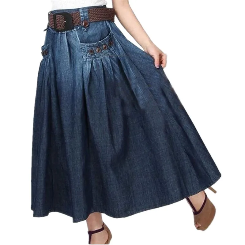 Brezplačna dostava 2018 Nova moda poletje denim vse-tek ohlapno jeans krilo elastičen pas dolga krila za ženske s pasom S-XL
