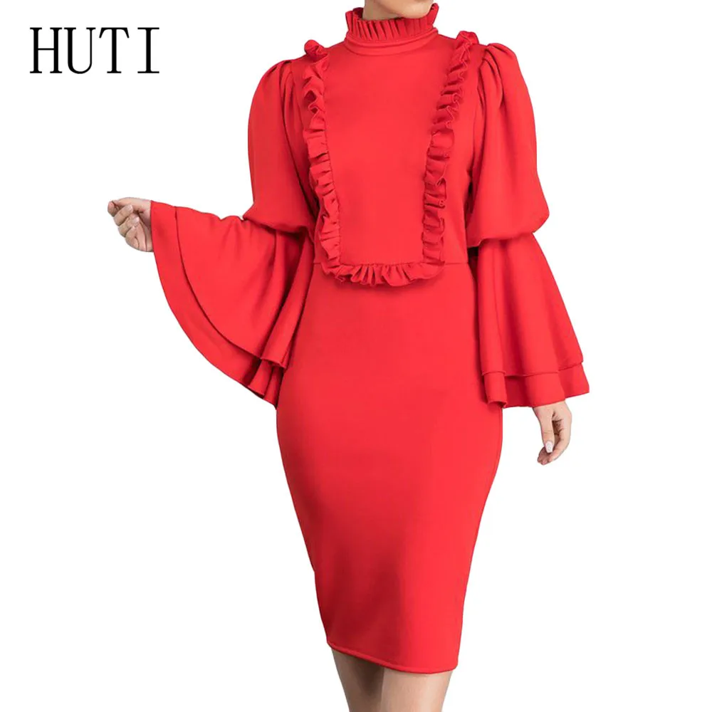 

HUTI Office Lady Wear New Fashion Wooden Ear Trumpet Sleeve Pencil Dress Women Long Sleeve Standard-Waist Bodycon Slim Dress