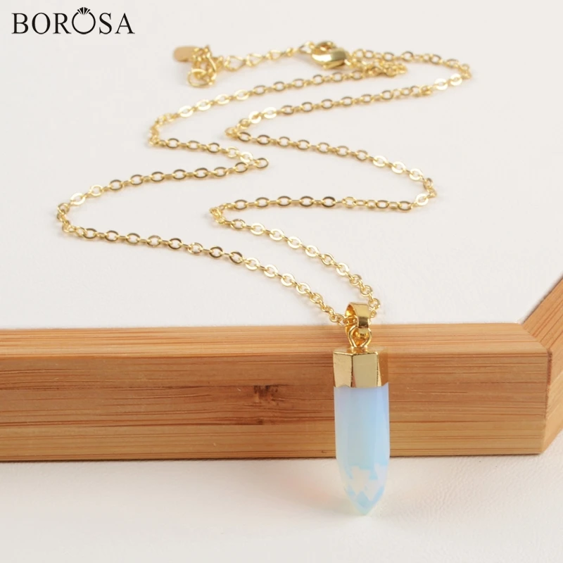 

BOROSA Fashion Manmade Opal Faceted Pencil Point Gold Pendant for Women Necklace Jewelry
