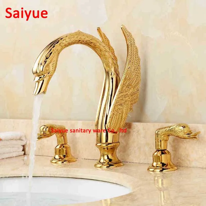 Elegant Classic Swan Faucet, 8" Widespread 3pcs Brass Hot & Cold Water