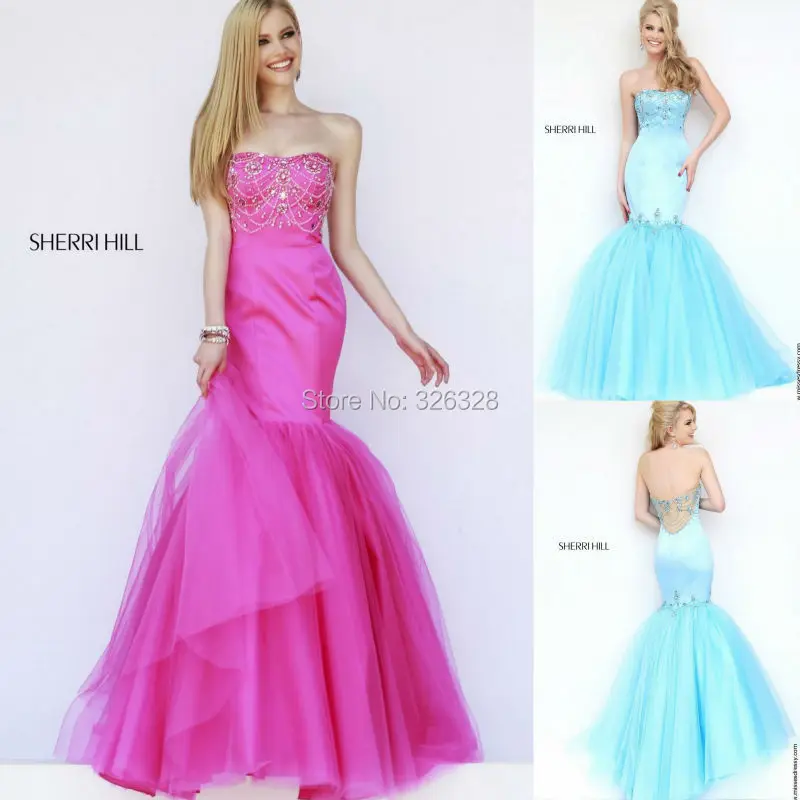 Русалка Фуксия 2015 Платье Длинные Аква Тюль Пром Платья Sheer BackSweetheart Декольте