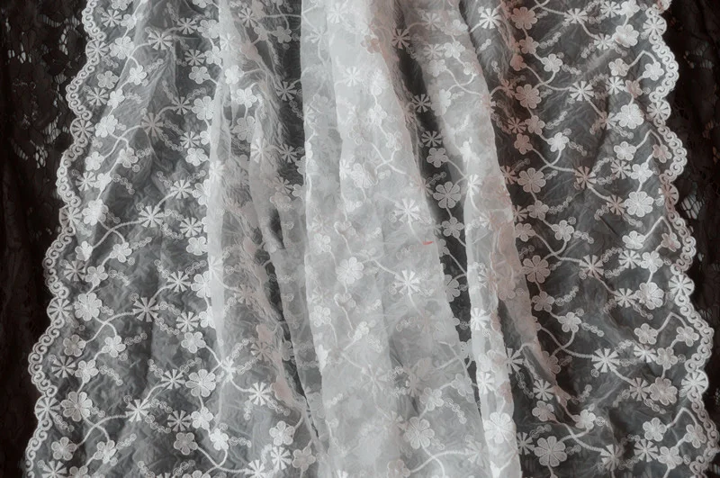 

1 yard 125cm 49.2" wide ivory gauze mesh cotton fabric 2 sides embroidered lace clothes dress cloth clothing 1046778QL4K39