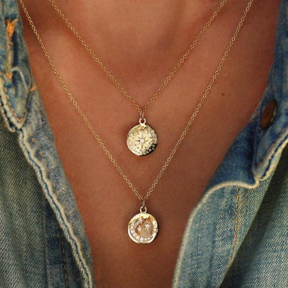 Ожерелье Boho подвеска Звезда Луна ожерелье двойное многослойное хрустальное