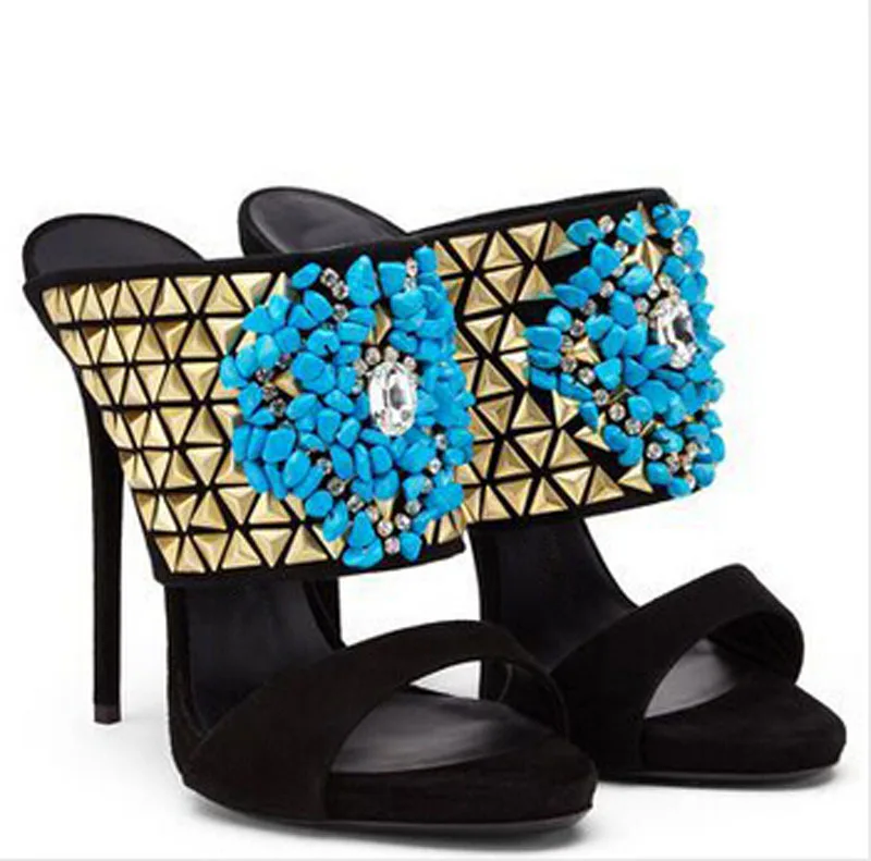 

2015 hot selling blue stone high heel slippers cut-outs open toe woman summer style shoes