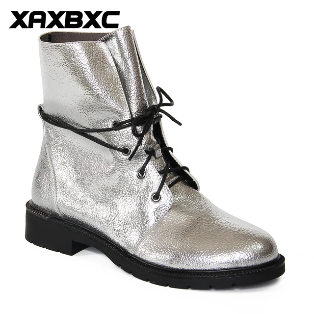 Best Offers XAXBXC 2018 Retro Style Winter Autumn Silver PU Leather Cross-tied Short Ankle Boots Warm Women Boots Handmade Casual Lady Shoes