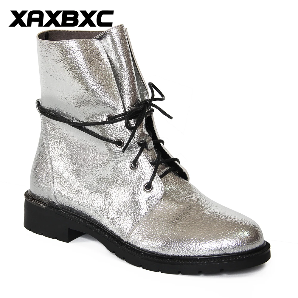 Achat XAXBXC 2018 Rétro Style Hiver Automne Argent PU Cuir Croix attaché Court Cheville Bottes Chaud Femmes Bottes À La Main Occasionnel Lady Chaussures