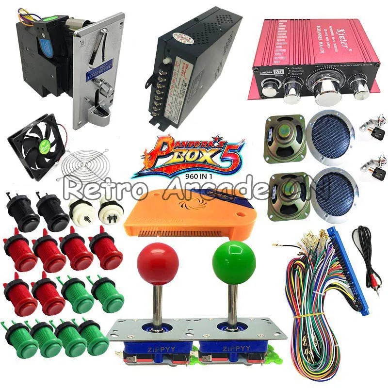 Pandora Box 5 PCB Jamma 960 in 1 Zippy Joystick American Push Button Coin acceptor Amplifier Arcade game Bundles kit for DIY