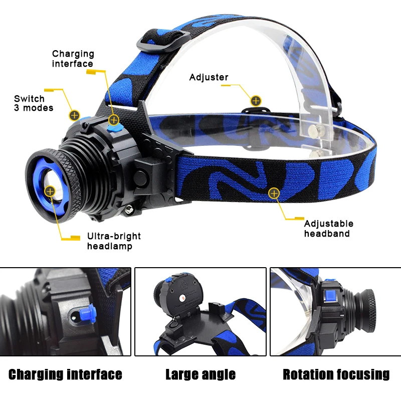 built in battery rechargeable headlamp zoomable headlight bike head light lamp torch flashlight 3