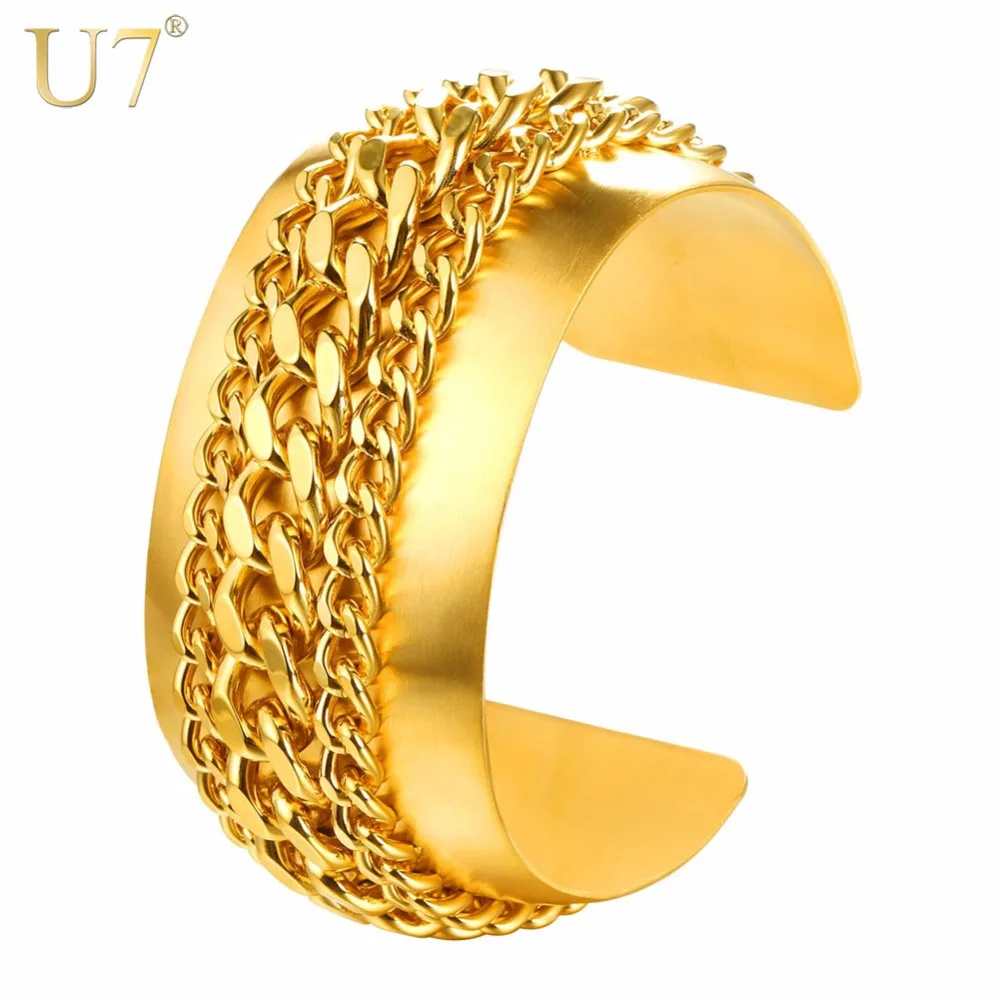 

U7 Bracelet Stainless Steel Punk Cubic Chain Wide Cuff Bangle Adjustable Gold Color Gift For Women/Men Jewelry Bracelets H1041