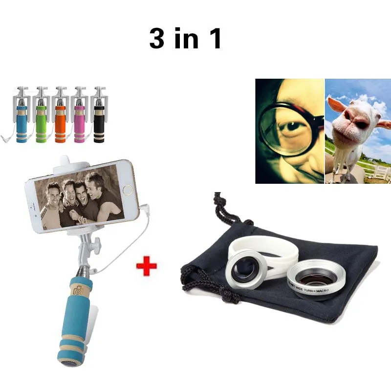 

New 2in 1 0.67X Wide Angle Macro Mobile Phone Lens with Selfie Stick for Asus for Iphone 4 5 5s for Samsung Xiaomi Huawei Meizu