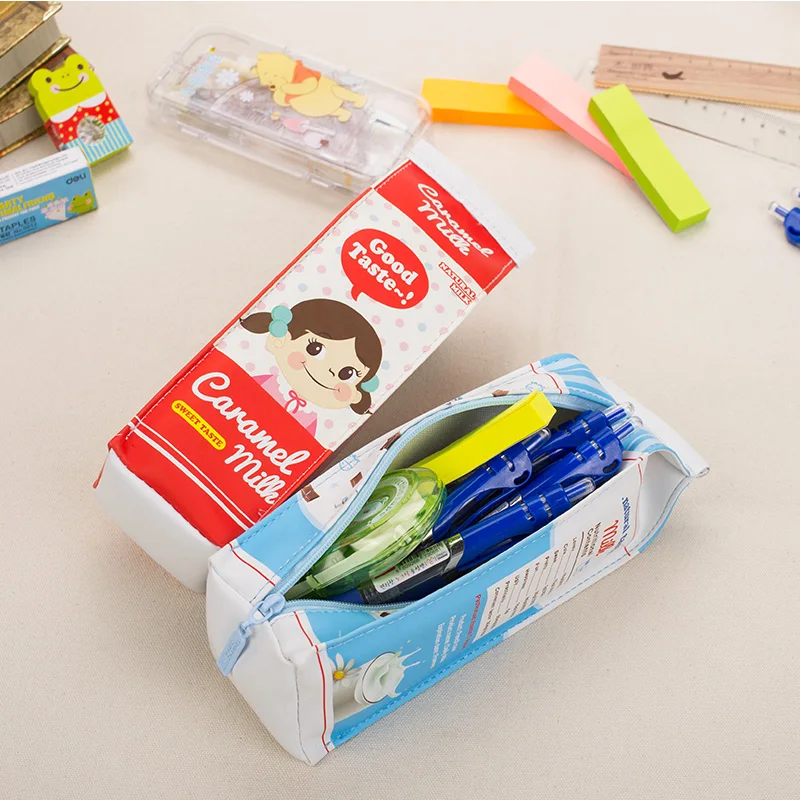 

Creative kawaii PU leather Milk box pen pencil bag Small article storage bag estojo escolar menina office school supplies zakka