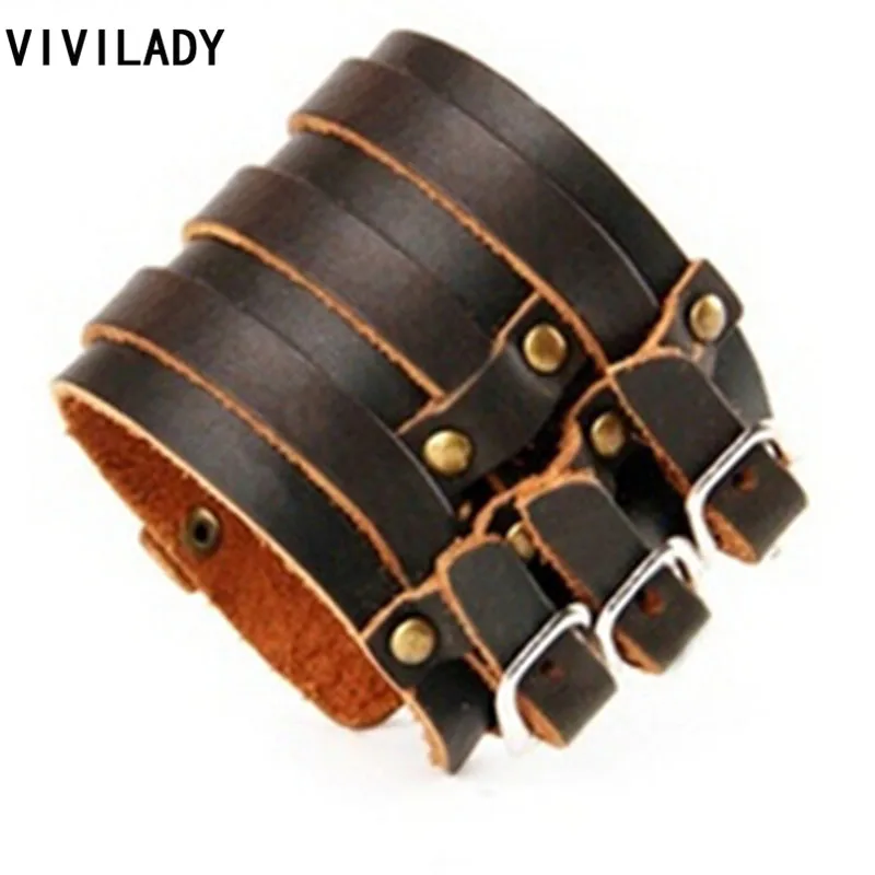 

VIVILADY Punk Retro Cowhide Leather Three Buckle Rivet Leather Bracelets Size Adjustable Men Free Shipping Unisex Christmas Gift