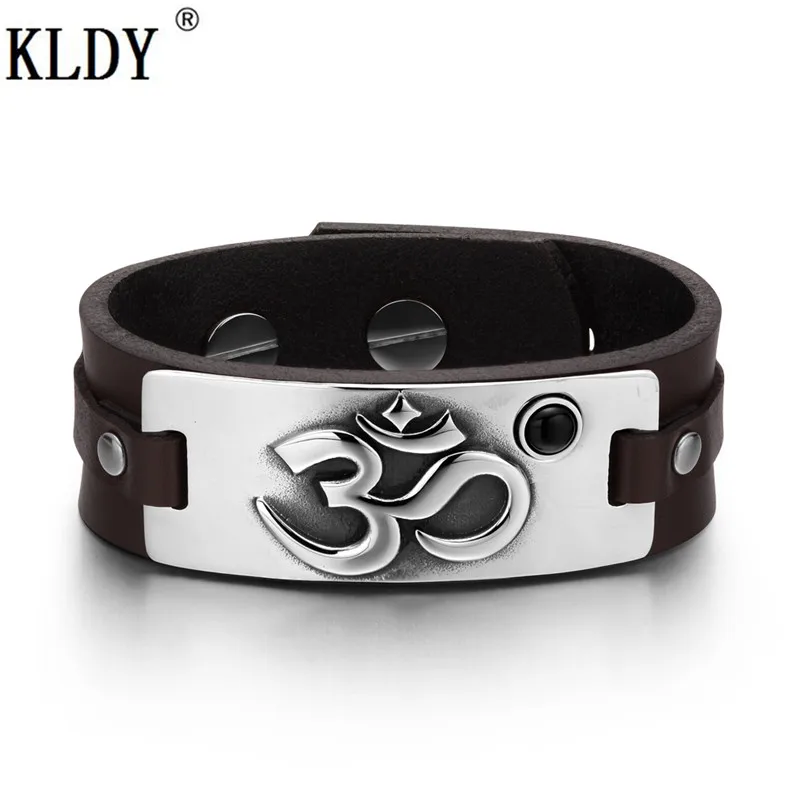 

Men Real Leather Bracelet OM Ancient Tibetan Amulet Bangle Adjustable Black Simulated Black Onyx Dark Brown Leather Bracelets