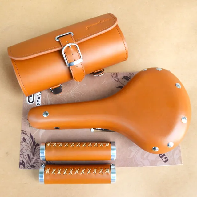 Cheap Taiwan original vintage authentic high end real cow leather fixed gear bike  3 in 1 set bag grip saddle