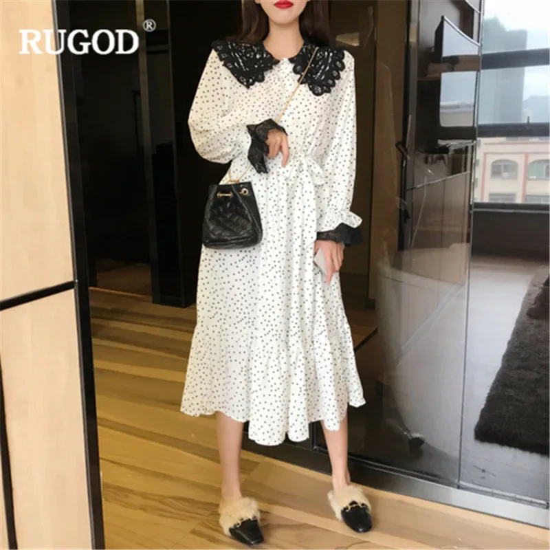 

RUGOD Spring Summer Women Dresses Fashion Korean Lace Patchwork Long Sleeve Midi Dress Casual Dot Print Belted Pleated Dress