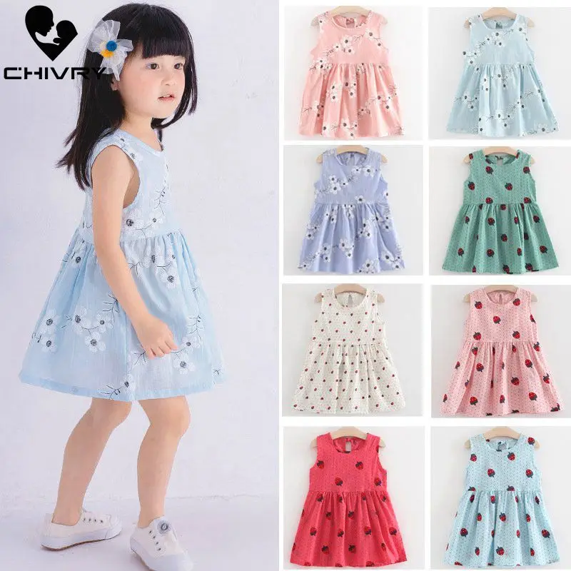 Детские летние платья детское платье трапециевидной формы без рукавов с цветочным принтом из хлопка и льна для маленьких девочек летние платья для девочек