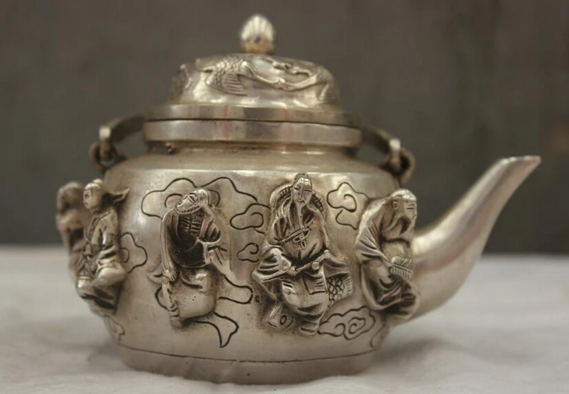 

Chinese Folk Culture HandMade Silver Bronze Statue The Eight Immortals Teapot R0713