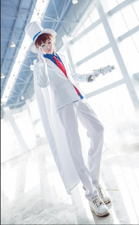 

Case closed Detective Conan Kaito Kid the Gentleman Thief White Suit Cosplay Costume with hat