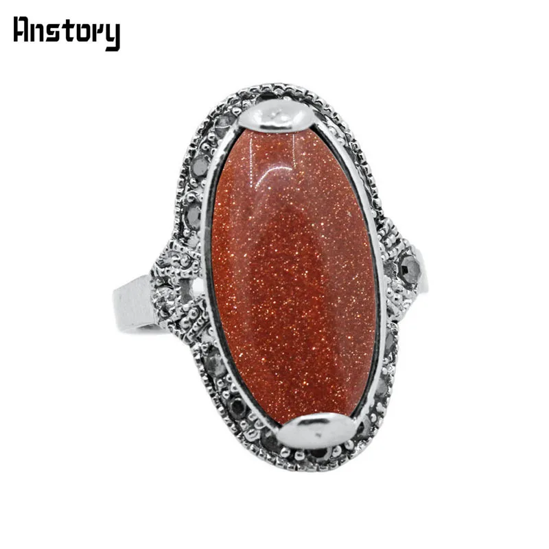 

Oval Golden Sandy Stone Rhinestone Rings For Women Antique Silver Plated Fashion Jewelry
