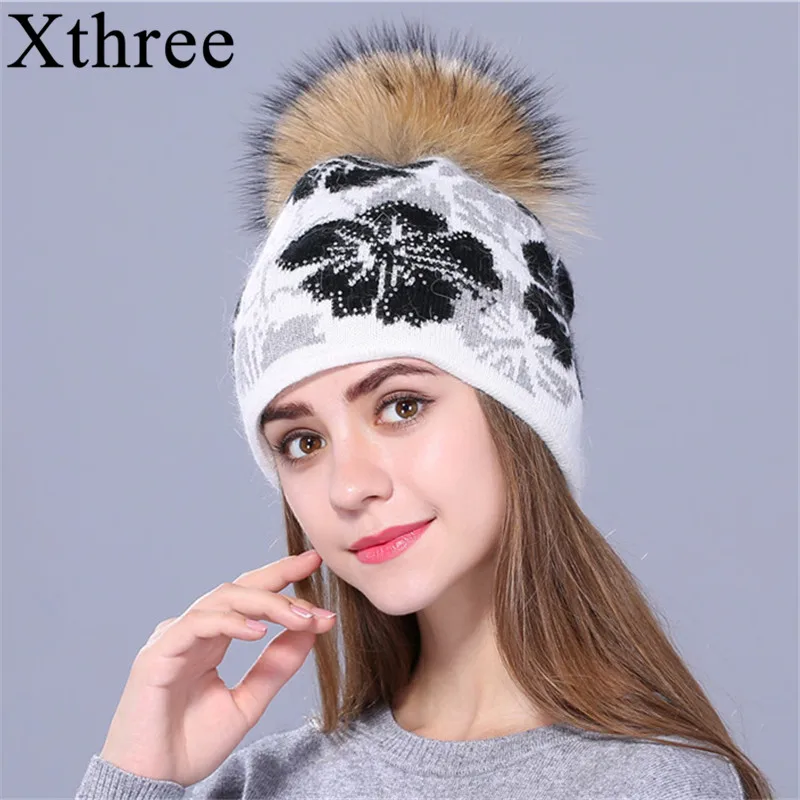 [Xthree] вязаная шапка с помпонами из натурального меха енота, зимняя женская шапка и шапка для девочек, толстая женская шапка из кроличьего меха - Цвет: white