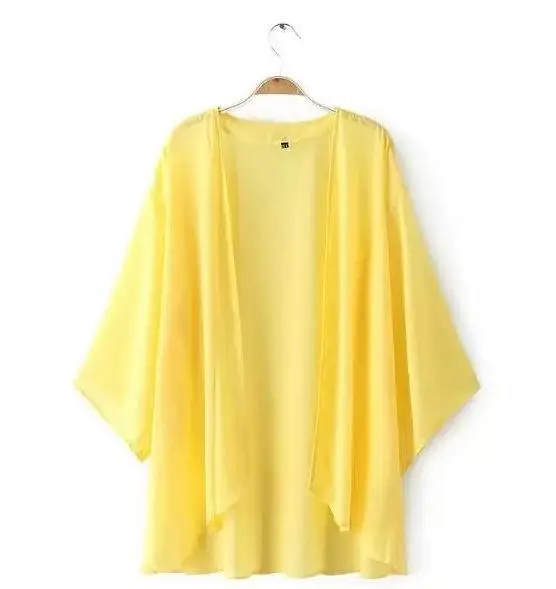 Однотонное повседневное кимоно кардиган размера плюс рукав летучая мышь свободные женские блузки элегантные сексуальные черные летние топы пляжные - Цвет: Цвет: желтый
