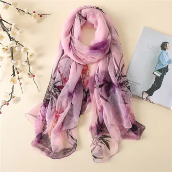 

2020 New women silk scarf Bamboo leaf flower shawl wrap large pashmina Summer sunblock silk scarves Crocodile wrinkle scarf