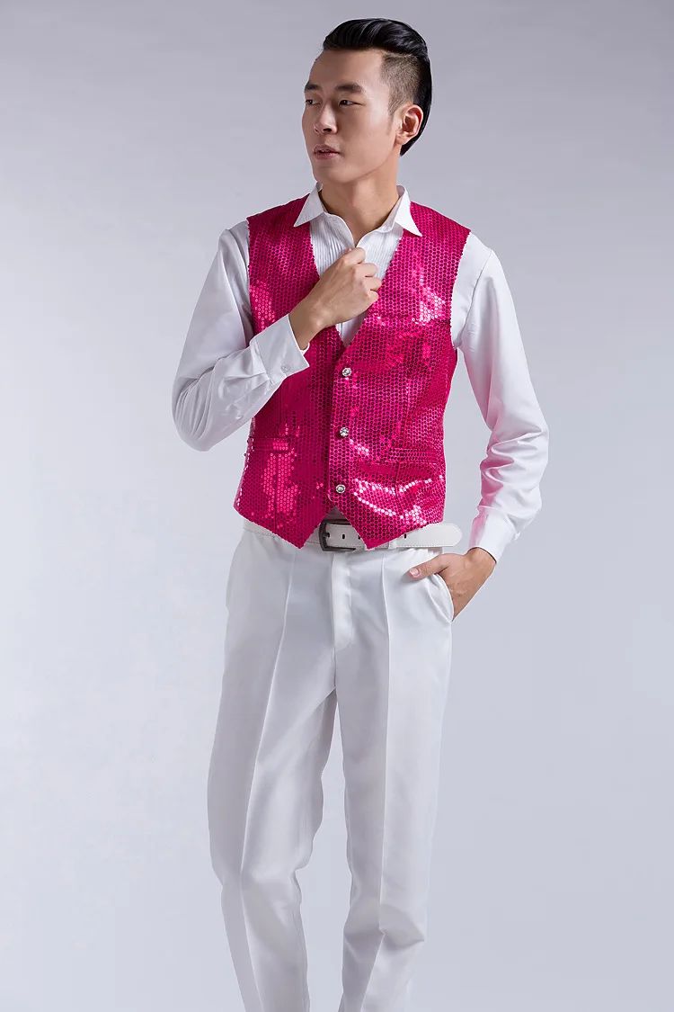 Мужской жилет для Свадебного Шоу, Золотой блестящий жилет с блестками, синий, черный, серебристый, розовый, розовый, желтый костюм, жилет, мужские классические жилеты - Цвет: rose red vest
