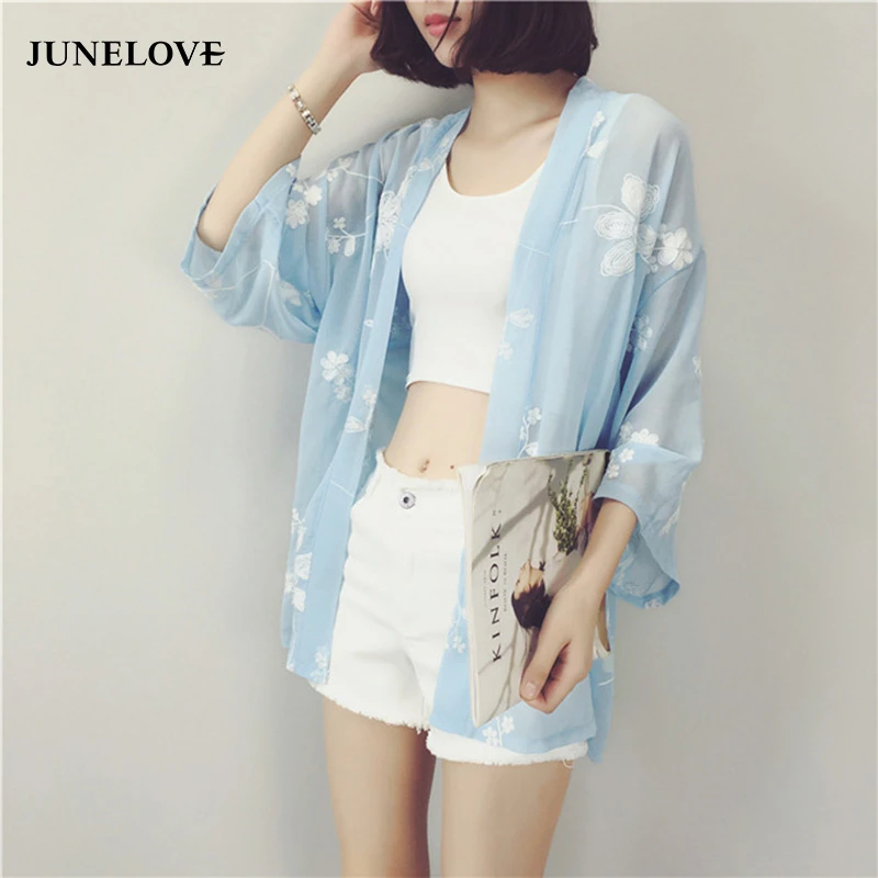 

JuneLove 2019 summer floral print kimino japan style loose blouse sweet chiffon japan batwing sleeve blusas pink blue shirts