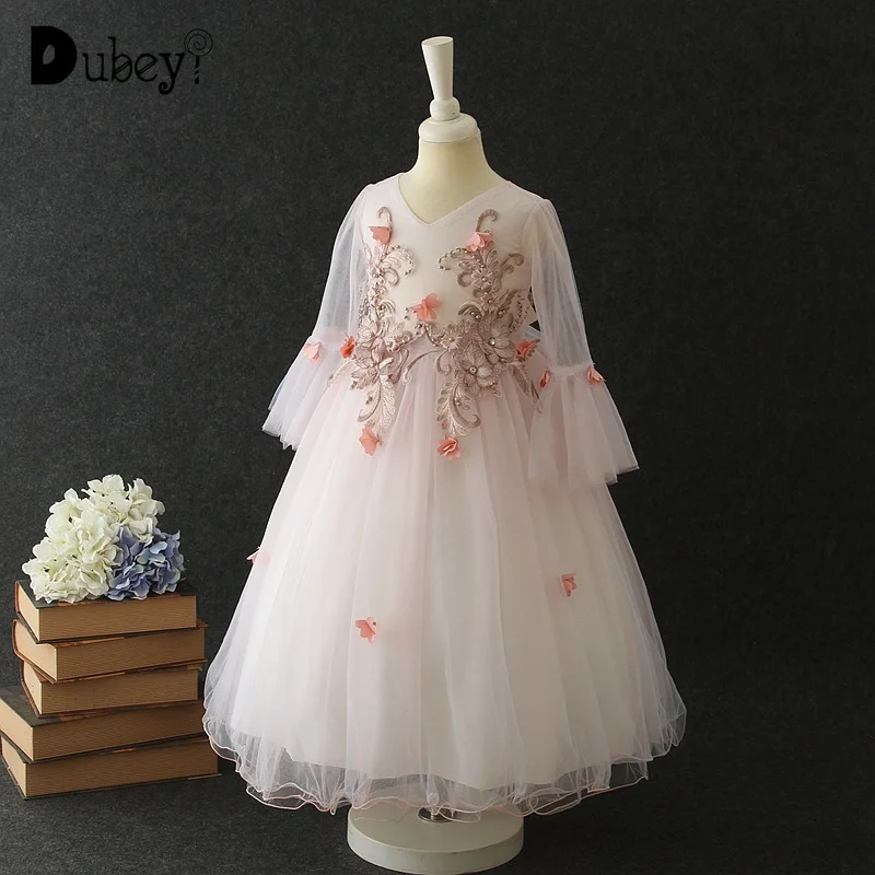 

Flower Girl Wedding Princess Dress Long Frocks Costumes for Kids Girls Prom Children Long Sleeve Clothing