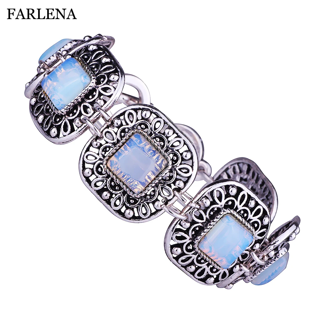 

FARLENA Jewelry Ancient silver Plated Square Opal Bracelets chain for Women Men Vintage Semi-precious Stone Bracelet