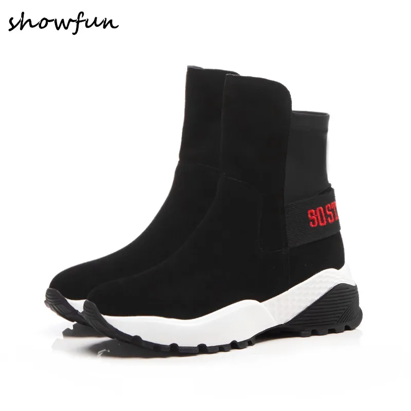 

Plus Size 34-41 Women's Genuine Suede Leather Elastic Patchwork Slip-on Platform Flats Ankle Boots Leisure Short Booties Shoes