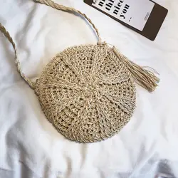 Boho Женская соломенная сумка через плечо круглая ручная плетёная ротанговая сумка через плечо с кисточками пляжная сумка