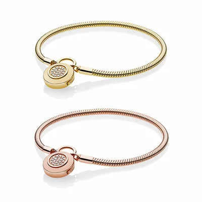 

Rose Gold Spring 100% 925 Sterling Silver Original Moments Smooth Signature Padlock Pan Bracelet Fit Bangle Charm DIY Jewelry