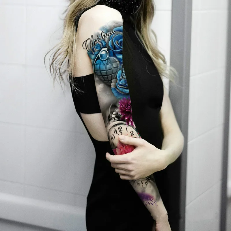 Большая рука рукав Татуировка непромокаемая временная татуировка наклейка череп Ангел Роза Лотос мужчины полный цветок тату боди-арт тату девушка