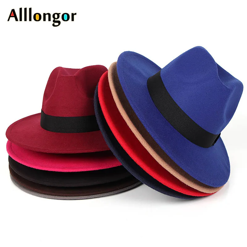 

Autumn Hat For Women Unisex 2019 Winter Chapeu Fedora Hat men Wide Brim Jazz Hat Belt Caps vintage Bowler Felt Hats Black Red