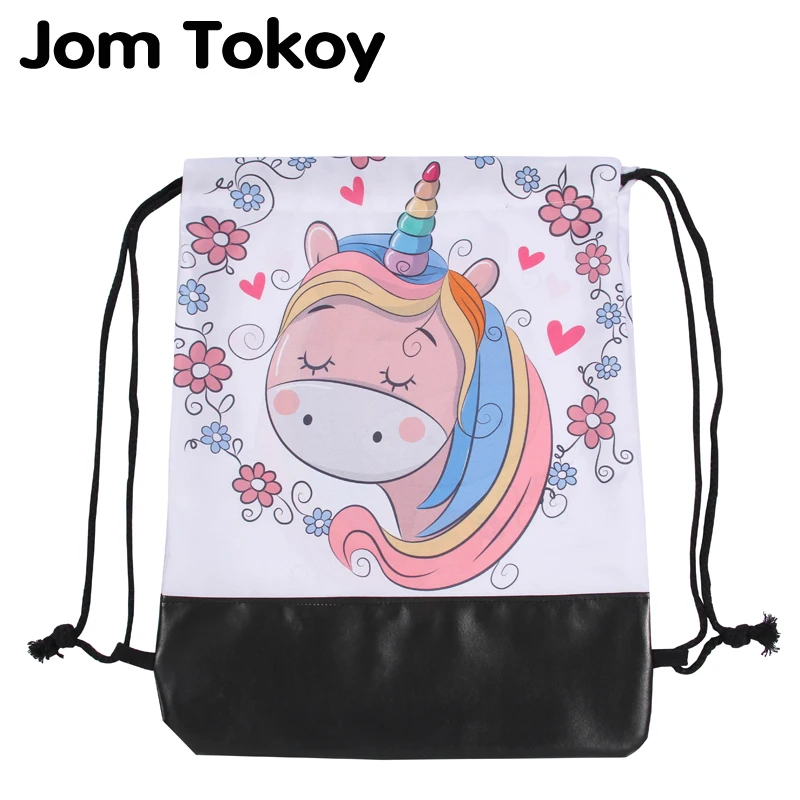 

Jom Tokoy 2019 New 3d Printing Unicorn Drawstring Bags leather Bottom Women Drawstring Backpack Mochila Feminina Escolar