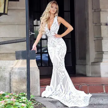 

New Fashion Sexy Deep V Sleeveless Long Mermaid Self-cultivation Lace Evening Dress For Formal Party