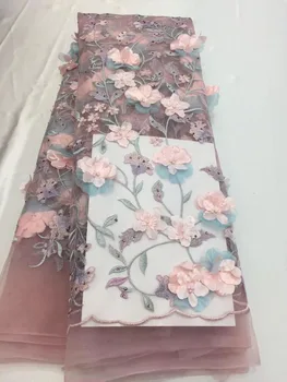 

High end applique 3d flowers beaded french net lace fabric beautiful party dress/bridal dress lace fabric TS6376