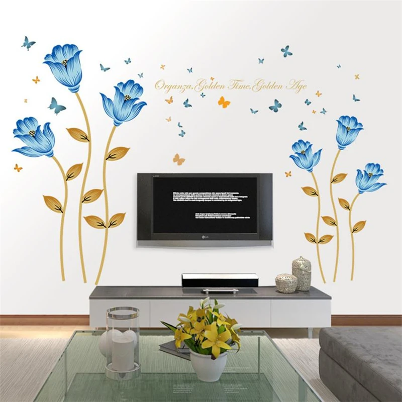 2018  New Fashion Creative Blue Flowers  Wall Stickers Romance Decoration Wall Home Decor DIY Room design Removable Decor C0212 01
