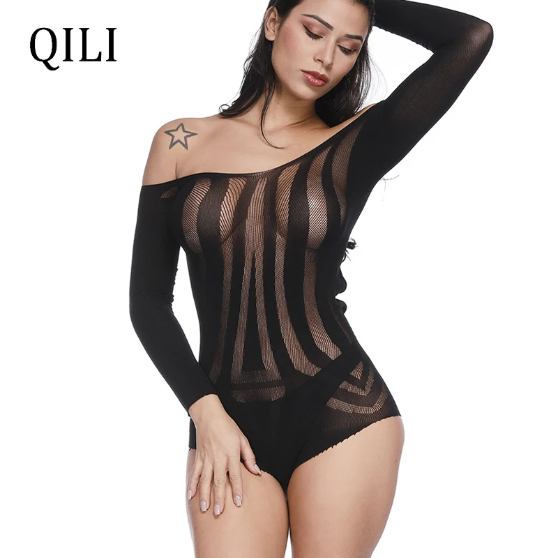 

QILI Off Shoulder Sexy Bodysuits Women Rompers Backless Mesh Hollow Out See Through Club Bodysuit Long Sleeve Bodysuits