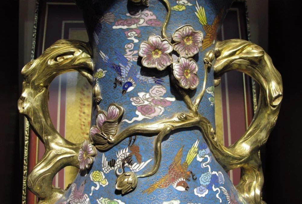 Чистый Бронзовый 24 К золото перегородчатой эмали сливы цветок сорока японского журавля ваза