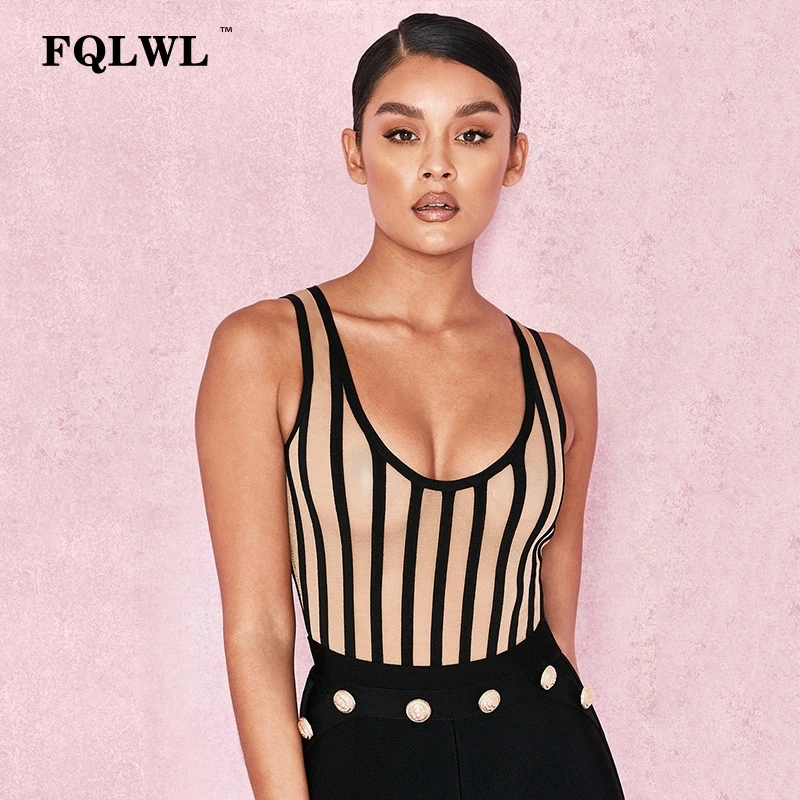 

FQLWL Transparent Mesh Bodysuit Combinaison Femme V Neck Summer Tops Women Rompers Striped Jumpsuit Stretch Skinny Sexy Bodysuit