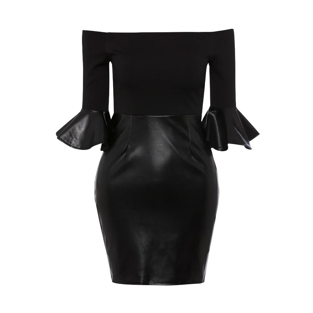Summer Women Sheath Black Dresses 2018 New Bodycon Ruffle Sleeve Patchwork Plain High Waist