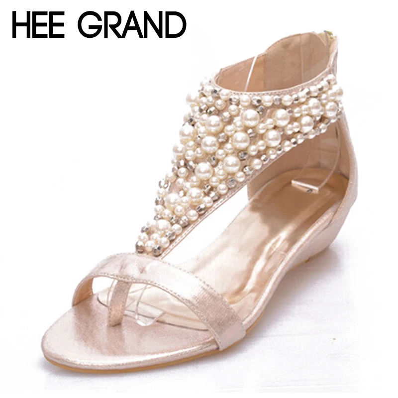HEE GRAND Gladiator Sandals Summer Style Flip Flops Elegant Platform Shoes Woman Pearl Wedges Sandals Casual Women Shoes XWZ1937