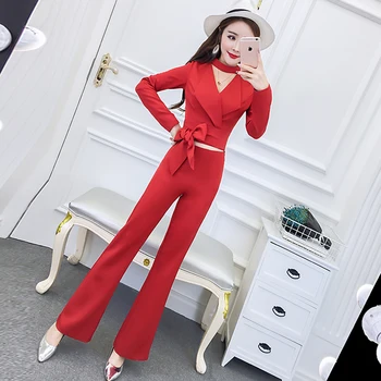 

Women's Suit Spring New Fashion Elegant Bow blouse + High waist was thin Speaker trousers Two-piece suit/Pant Suits