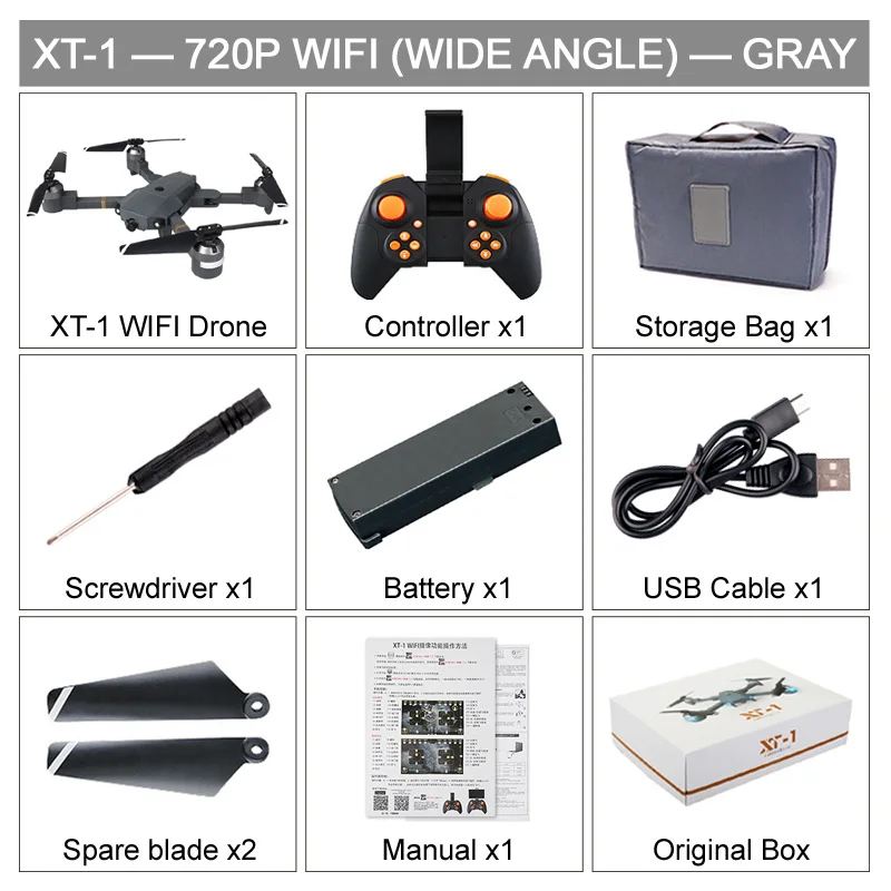 XT-1 RC Квадрокоптер 480P 720P 1080P складной FPV селфи Дрон складная игрушка удержание высоты wifi HD камера широкий угол VS E58 X12 Дрон - Цвет: 720P WA Gray Box